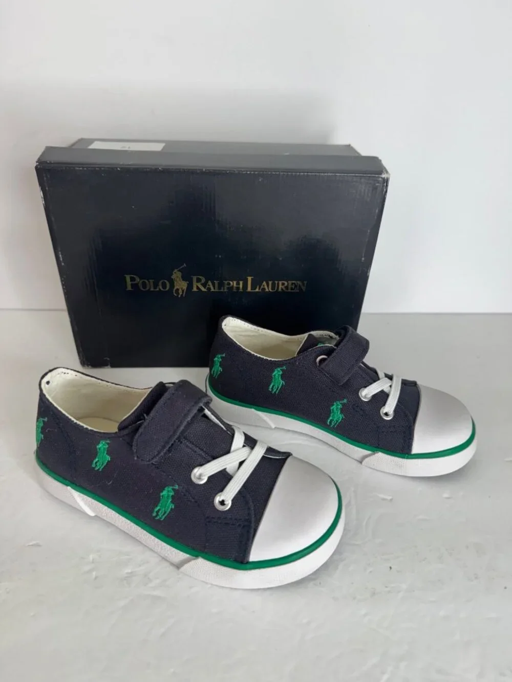 Polo Ralph Lauren Bal Harbour Cap Toe Repeat Toddler Sneaker Size 9 Navy Green - Picture 2 of 6
